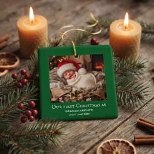 Green Grandparents First Christmas Baby Photo Ceramic Ornament