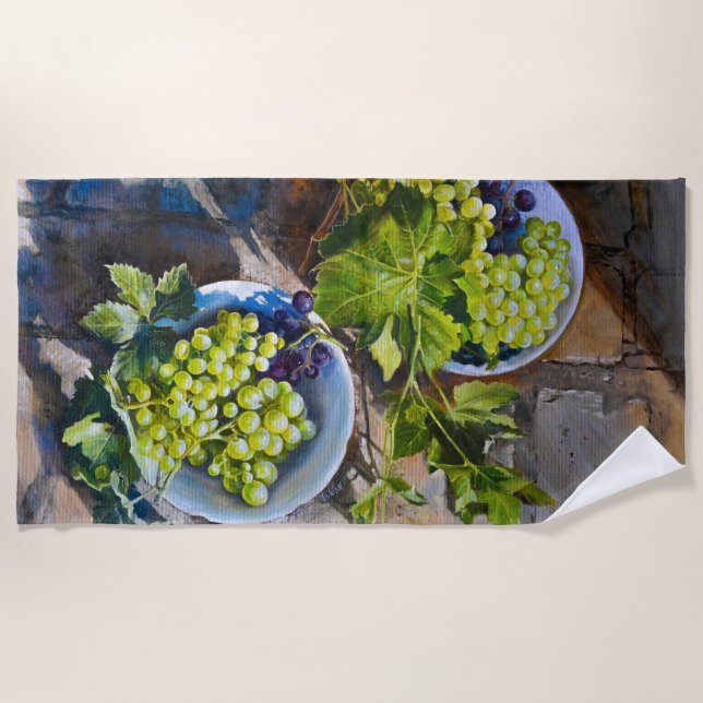 Green Grape Still Life Painting Beach Towel (Front)