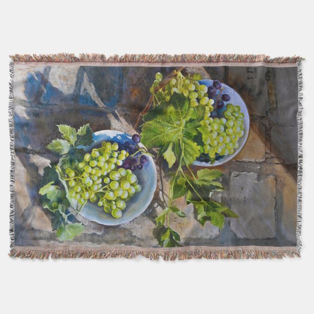 Green Grape Still Life Painting Throw Blanket (Front)