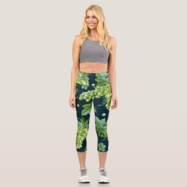 Green Grape: Watercolor Dark Pattern Capri Leggings (Front)