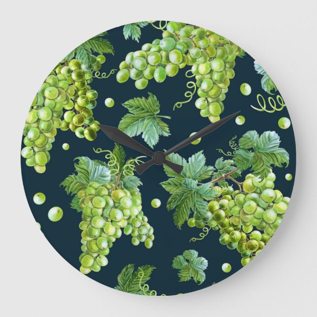 Green Grape: Watercolor Dark Pattern Large Clock (Front)