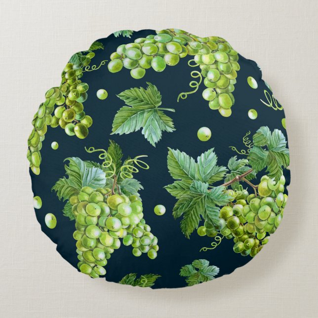 Green Grape: Watercolor Dark Pattern Round Cushion (Front)