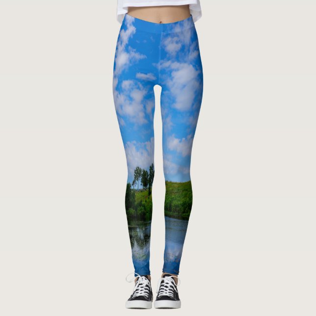 Green Grass Birch Trees Nature Sky Lake Landscape Leggings (Front)