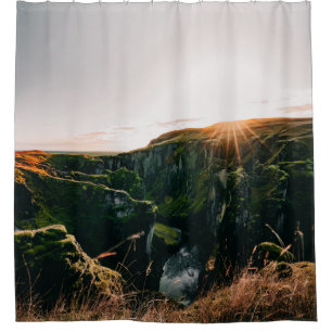 GREEN GRASS FIELD AND MOUNTAIN DURING DAYTIME SHOWER CURTAIN