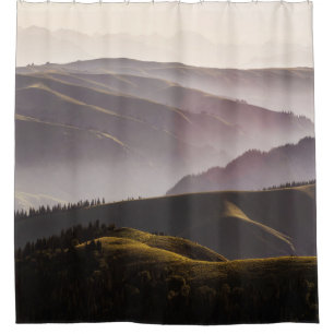 GREEN GRASS FIELD AND MOUNTAINS DURING DAYTIME SHOWER CURTAIN