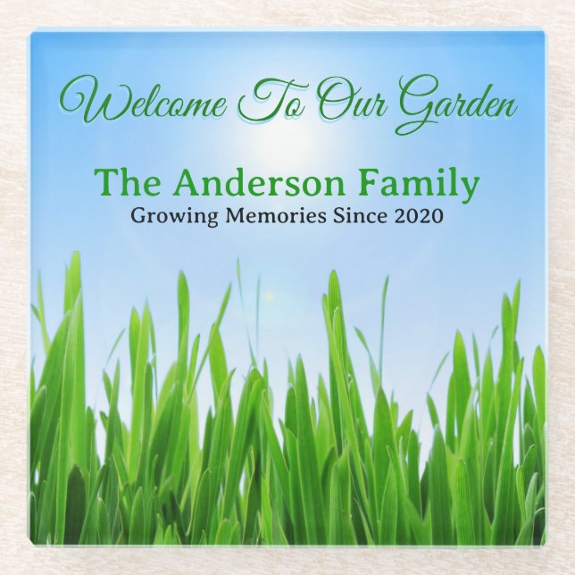 Green Grass Garden with Blue Sky Design Glass Coaster (Front)