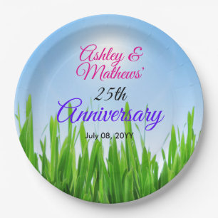 Green Grass Garden with Blue Sky Design Paper Plate