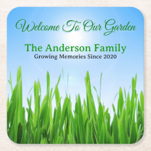 Green Grass Garden with Blue Sky Design Square Paper Coaster