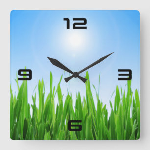 Green Grass Garden with Blue Sky Design Square Wall Clock