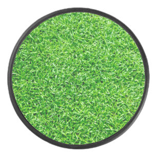 Green grass hockey puck