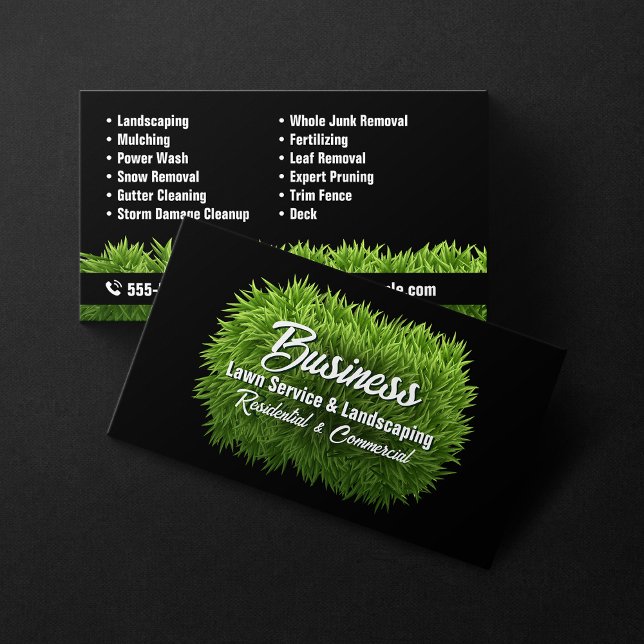 Green Grass Lawn Care Landscaping Service Black Business Card (Creator Uploaded)
