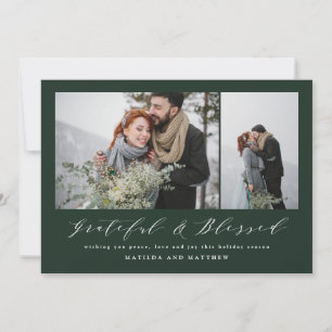 Green grateful & blessed modern script Christmas Holiday Card