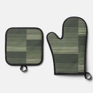Green, Gray, Black, Cream Stripes Oven Mitt & Pot Holder Set
