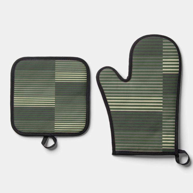 Green, Gray, Black, Cream Stripes Oven Mitt & Pot Holder Set (Front)