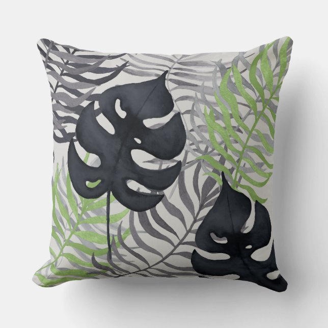 Green & Gray Tropical Leaves Throw Pillow (Front)