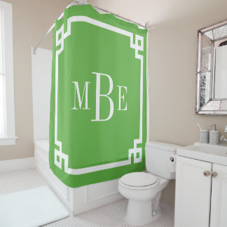 Green Greek Key Border Monogram Shower Curtain