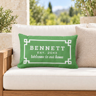 Green Greek Key Monogram Welcome Lumbar Cushion