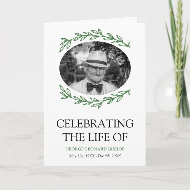 Green Greenery Frame Oval Photo Funeral Program Programme (Front)