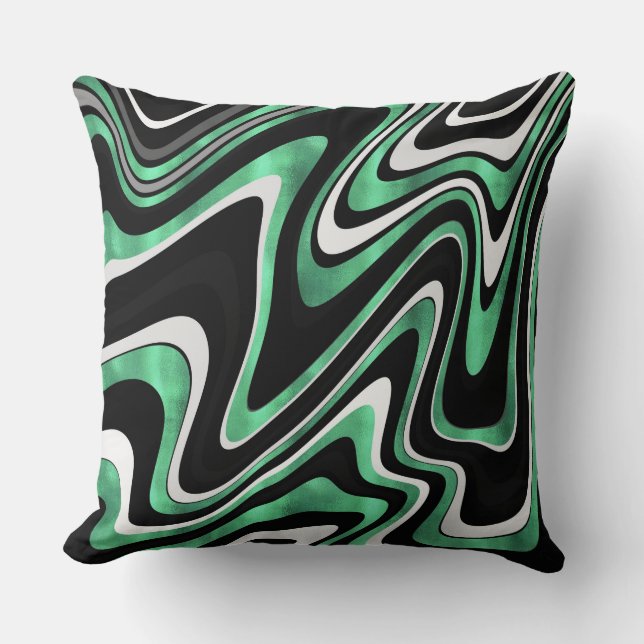 Green Grey Abstract Swirl Retro Black Pattern Cushion (Front)
