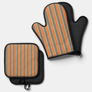 Green, grey and orange stripes pattern oven mitt & pot holder set