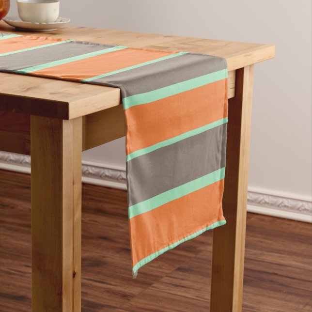 Green, grey and orange stripes pattern short table runner (In Situ)