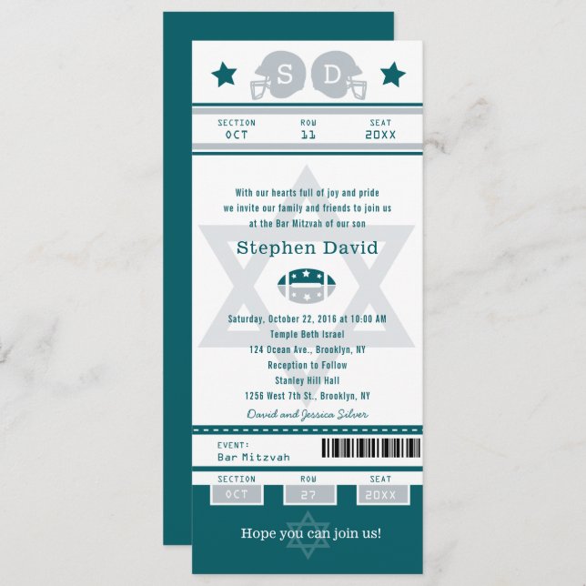 Green Grey Bar Mitzvah Football Ticket Invitation (Front/Back)