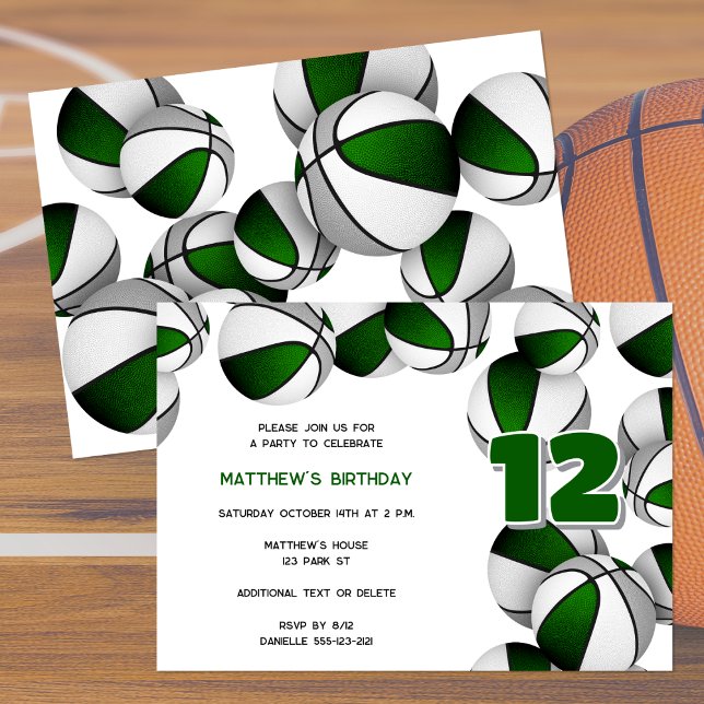 green grey basketballs girls boys birthday party invitation (front & back views)