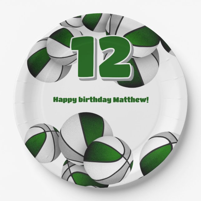 green grey basketballs girls boys sports party paper plate (Front)