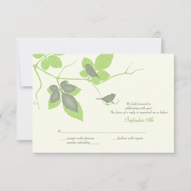 Green Grey Birds and Leaves Wedding Reply Card (Front)