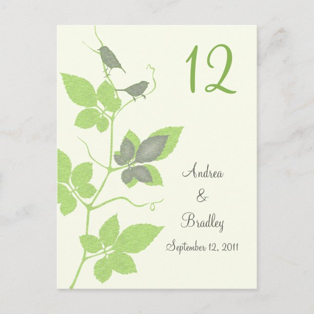 Green Grey Birds Vines Wedding Table Number Card (Front)