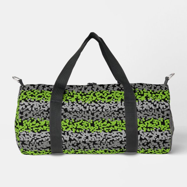 Green grey black digital pixelated stripes duffle bag (Front)