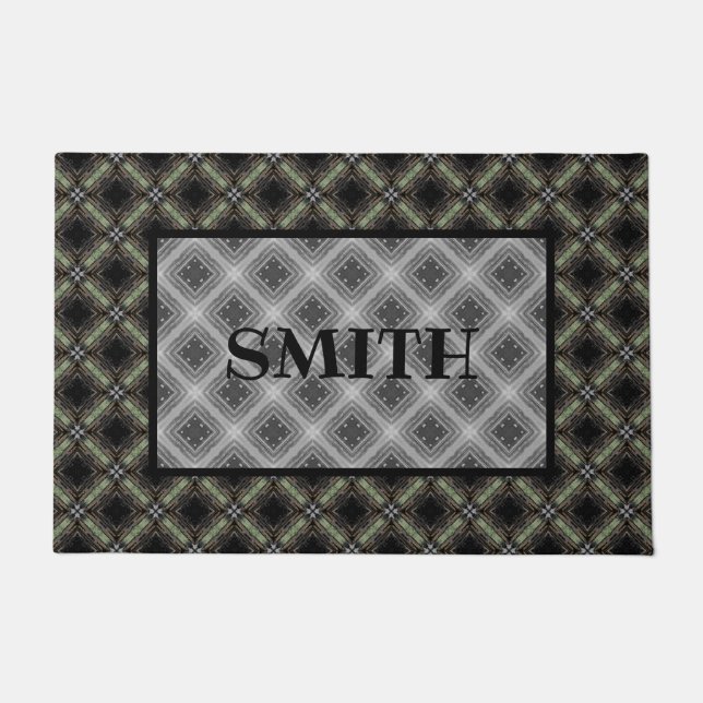 Green, Grey, Black Ribbon Tiles Pattern Monogram Doormat (Front)