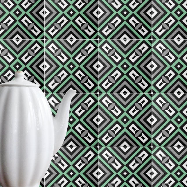 Green Grey Black White Op Art Geometric Striped Tile (Creator Uploaded)