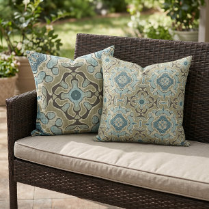Green Grey Blue Teal Ochre Taupe Brown Tribal Art Cushion