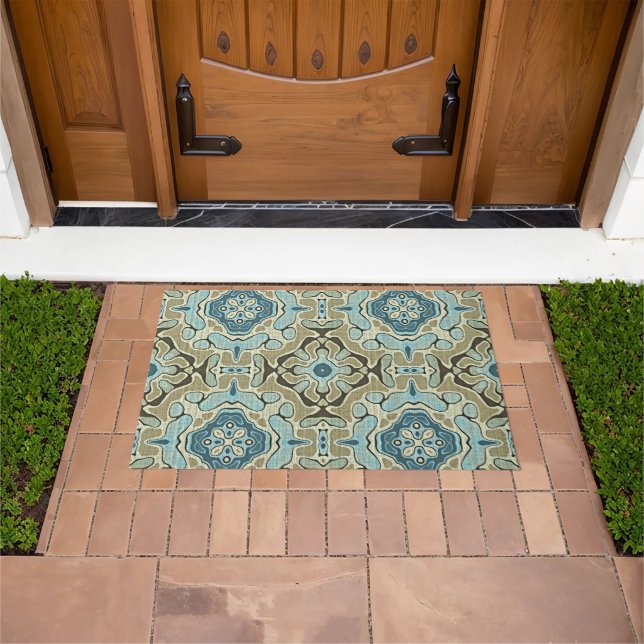 Green Grey Blue Teal Ochre Taupe Brown Tribal Art Doormat (Outdoor)