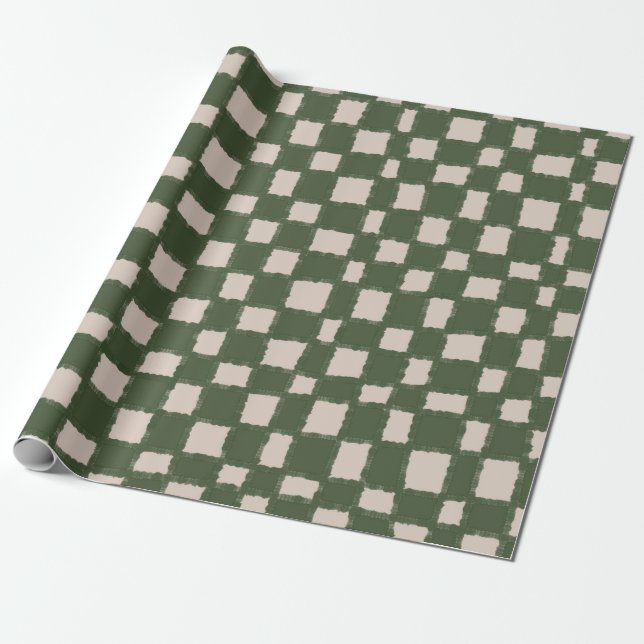 Green Grey Chequered Chequerboard Pattern Elegant Wrapping Paper (Unrolled)