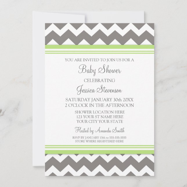 Green Grey Chevron Custom Baby Shower Invitations (Back)