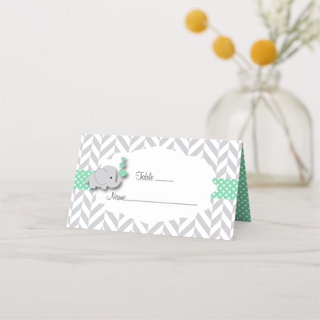 Green & Grey Elephant Baby Shower | Double-Sided Place Card (Front)