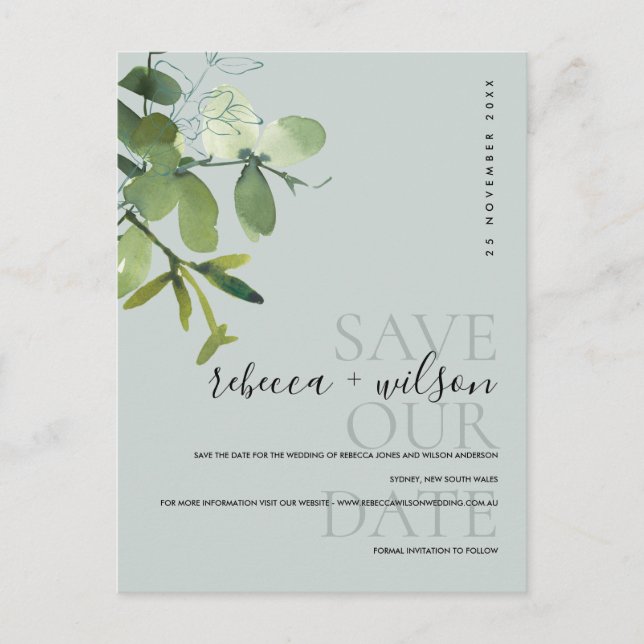 GREEN GREY EUCALYPTUS WATERCOLOR SAVE THE DATE ANNOUNCEMENT POSTCARD (Front)