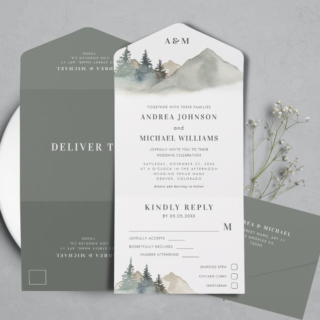 Green & Grey Forest Mountain Rustic Nature Wedding All In One Invitation (Creator Uploaded)
