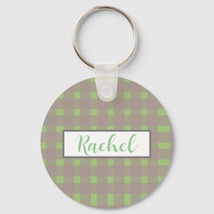 Green Grey Gingham Personalised Keychain