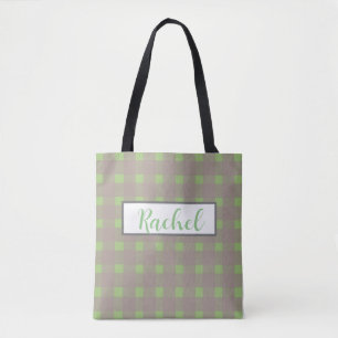 Green Grey Gingham Personalised Tote Bag