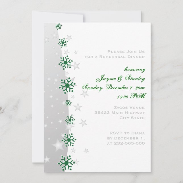 Green, grey snowflake wedding rehearsal dinner invitation (Front)