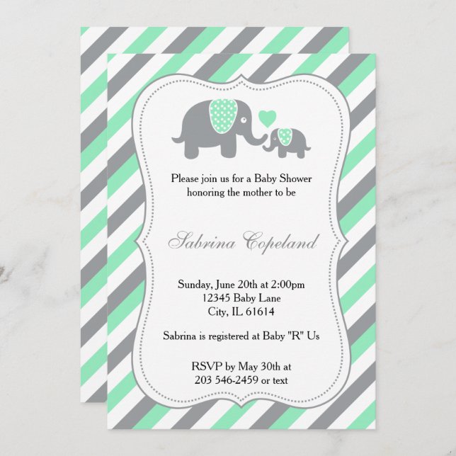 Green & Grey Stripes Baby Elephant | Baby Shower Invitation (Front/Back)