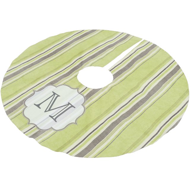 Green Grey Stripes Monogram Initial Tree Skirt (Angled)