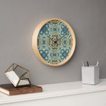 Green Grey Teal Blue Ochre Hip Bohemian Bali Art Clock<br><div class="desc">Beautiful contemporary ochre yellow, grey green, teal blue and grey coloured Bohemian mosaic pattern. Modern and cool design for the trend savvy interior decorator and art loving hip trendsetter, vintage retro look style or abstract geometric motif lover. This fun and cute hipster design is available on a large variety of...</div>