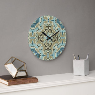 Green Grey Teal Blue Ochre Hip Bohemian Bali Art Large Clock