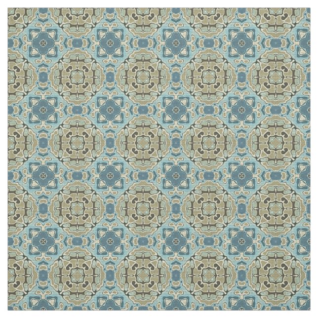 Green Grey Teal Blue Ochre Hip Orient Bali Art Fabric (Swatch)