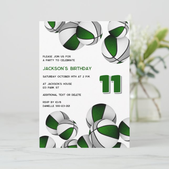 green grey team colours basketballs sports party invitation (Standing Front)
