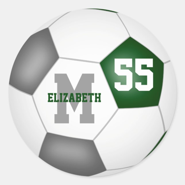 green grey team colours soccer ball personalised classic round sticker (Front)